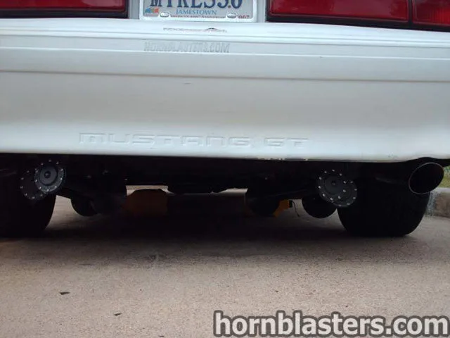 Front angle of Mike's Ford Mustang with Shocker XL train horn kit HornBlasters gallery photo 3