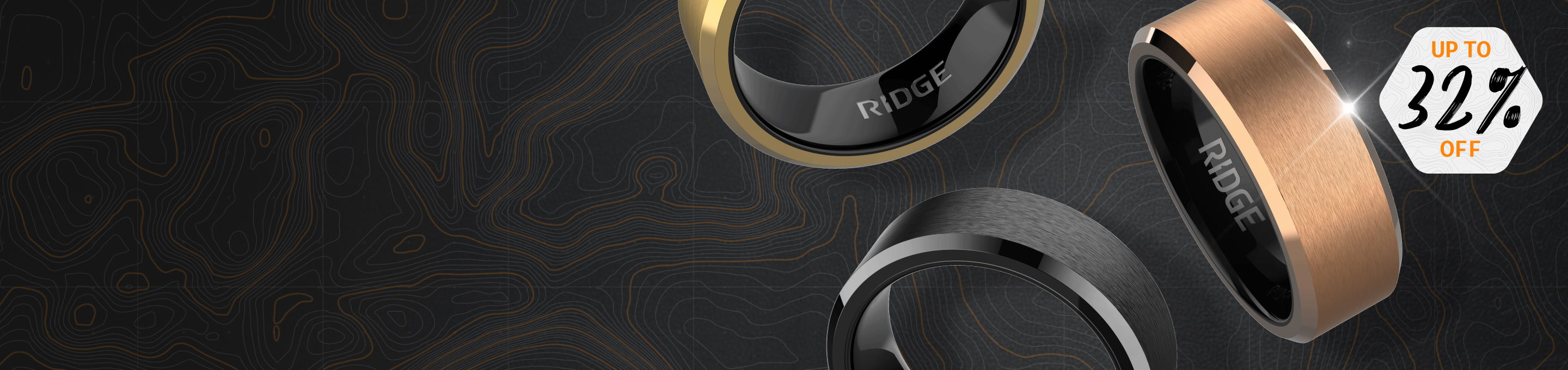 Three stylish rings on a dark background with a percentage indicator.
