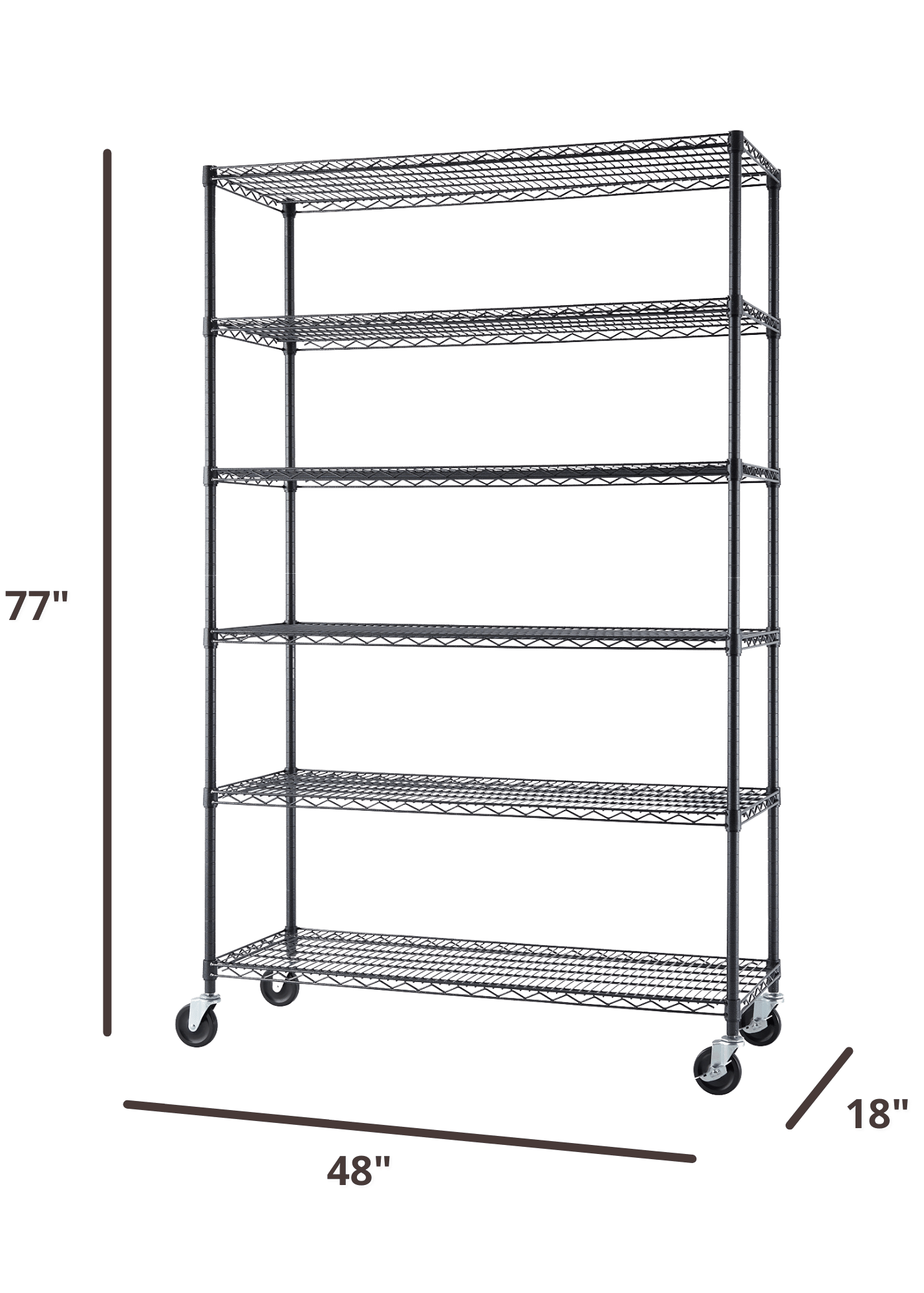 77 inhces tall by 48 inches wide wire shelving rack with 6 shelves and wheels