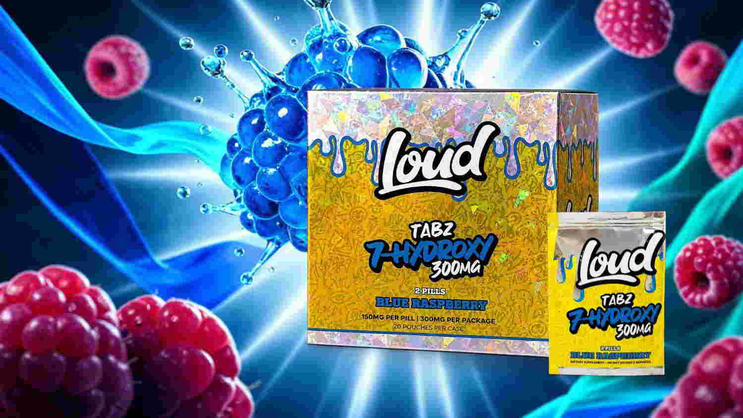 Colorful packaging of Loud candy with berry graphics in vibrant background.