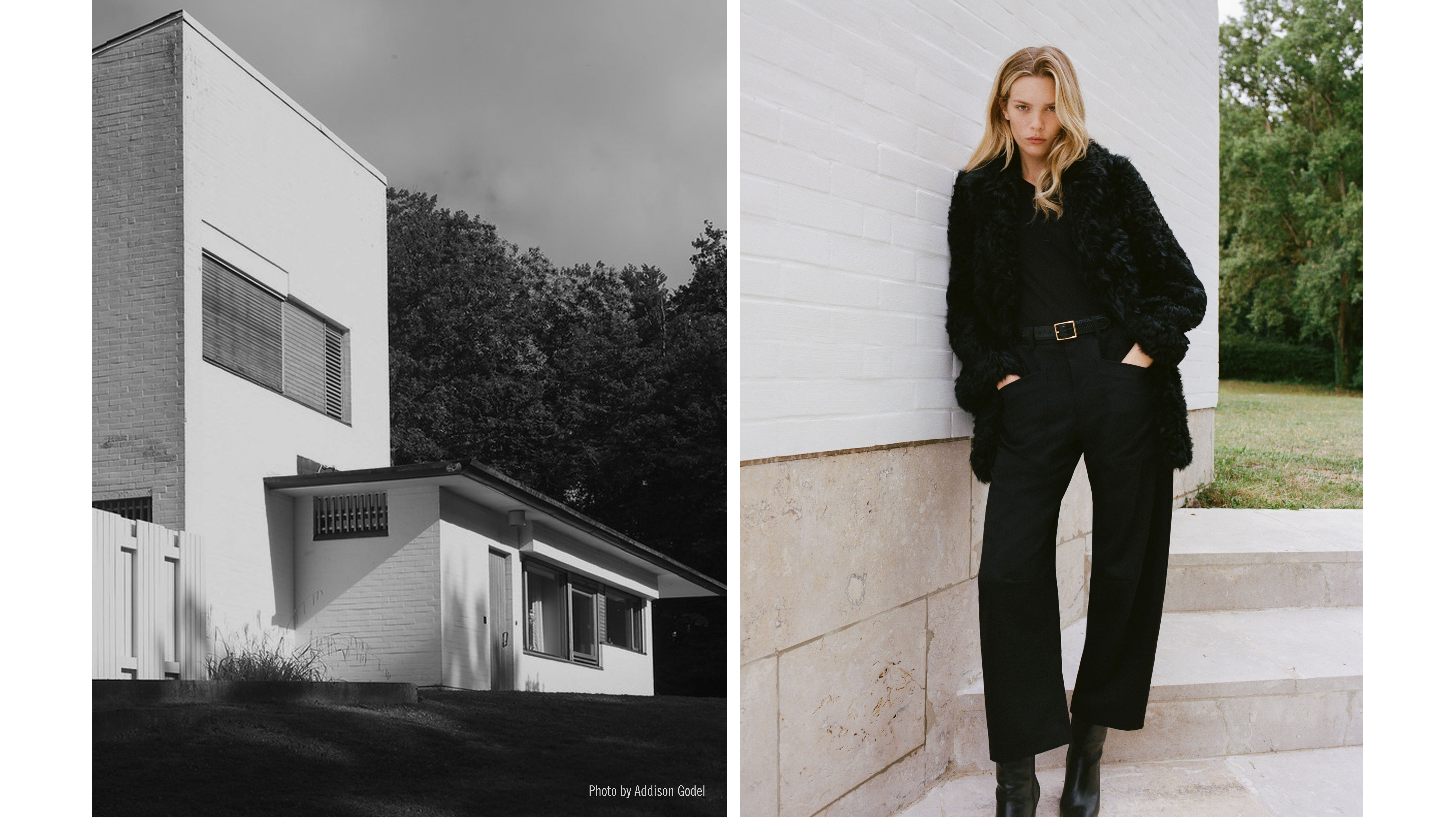 A modern house and a woman in stylish black attire.