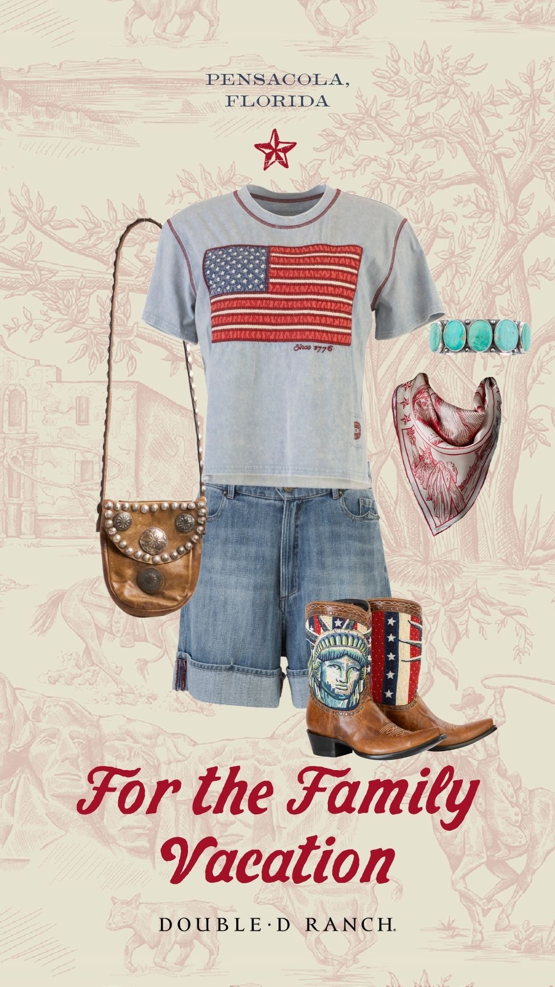 Voices of Liberty Top, Old Glory and Grit short, with the Lady Liberty Boots, and Double D Ranch accessories.