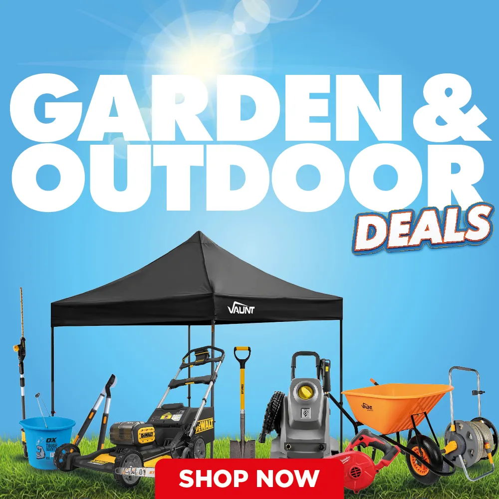 Garden and outdoor deals with various tools displayed under a tent. Shop now.