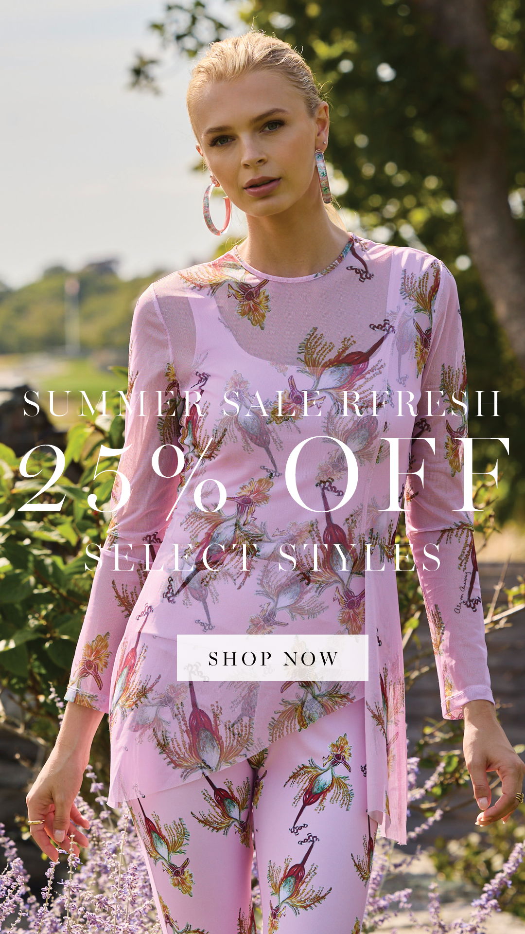 Model wearing pink floral outfit promoting summer sale with discount information.