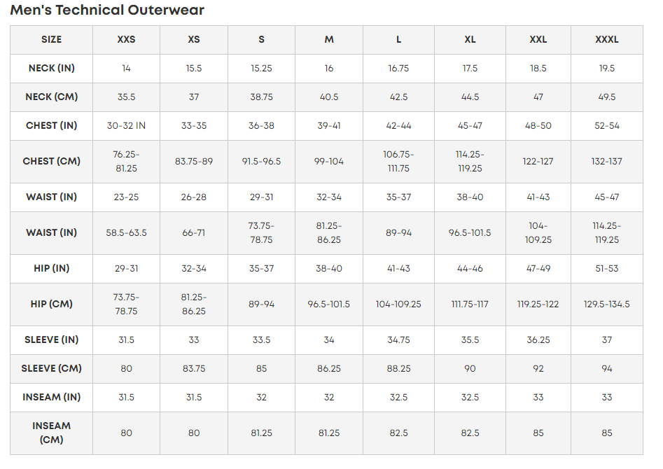 Oakley Men's Apparel Size Chart