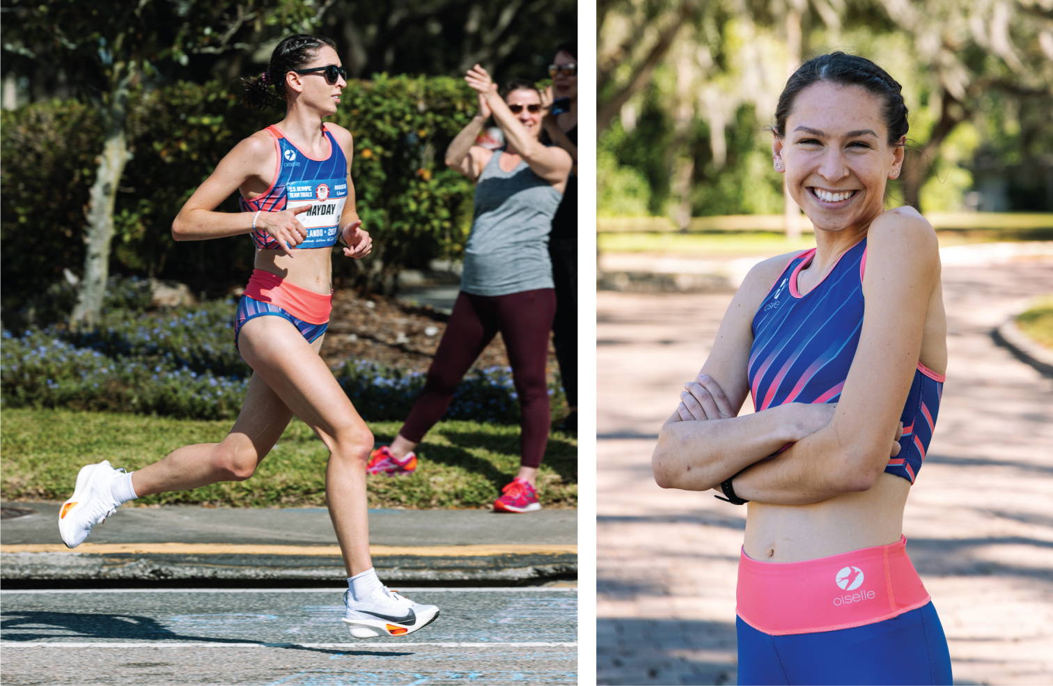 Left: Elena Hayday racing the Olympic Marathon Trials. Right: portrait of Elena smiling in her Oiselle uniform