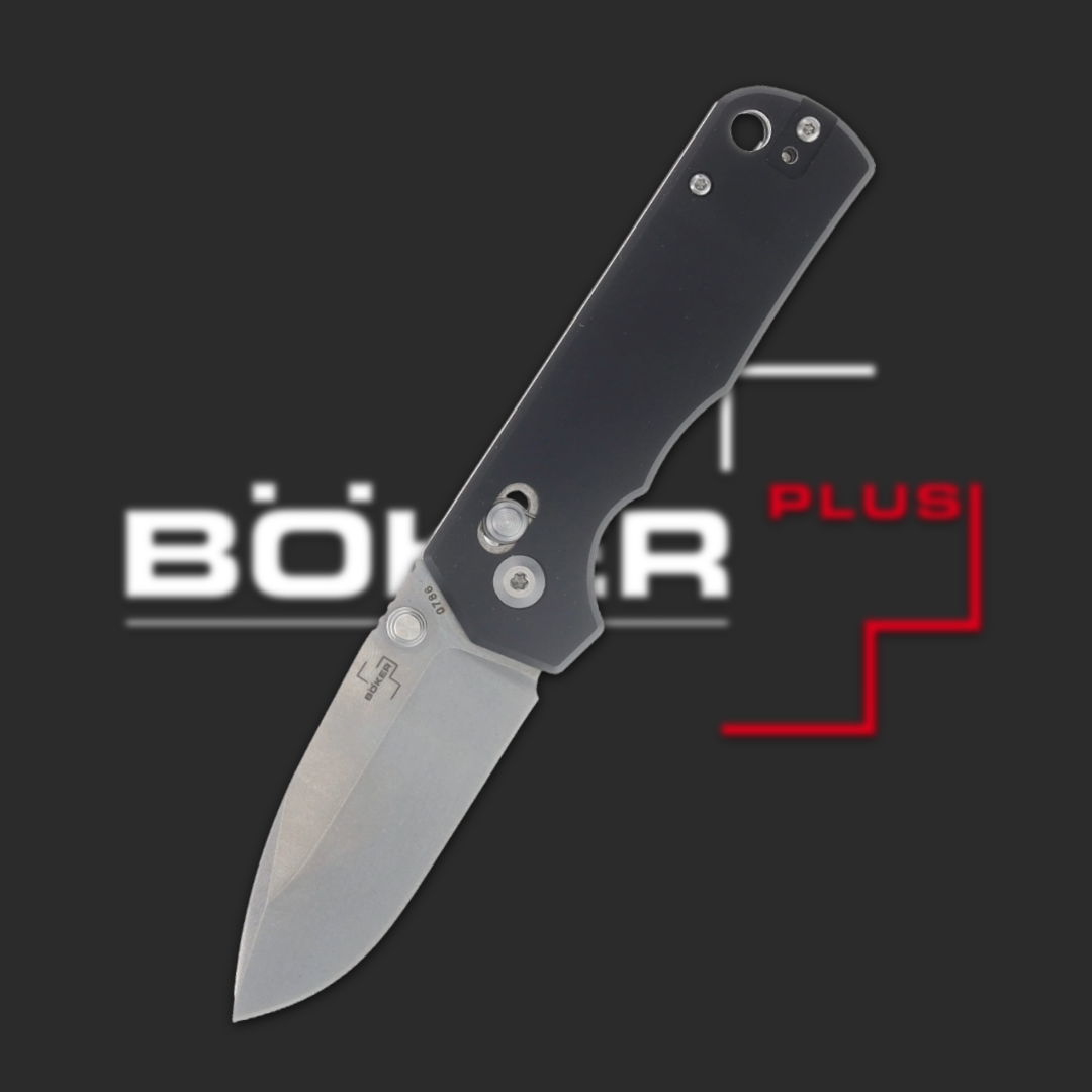 A folding knife with a stainless steel blade and black handle.