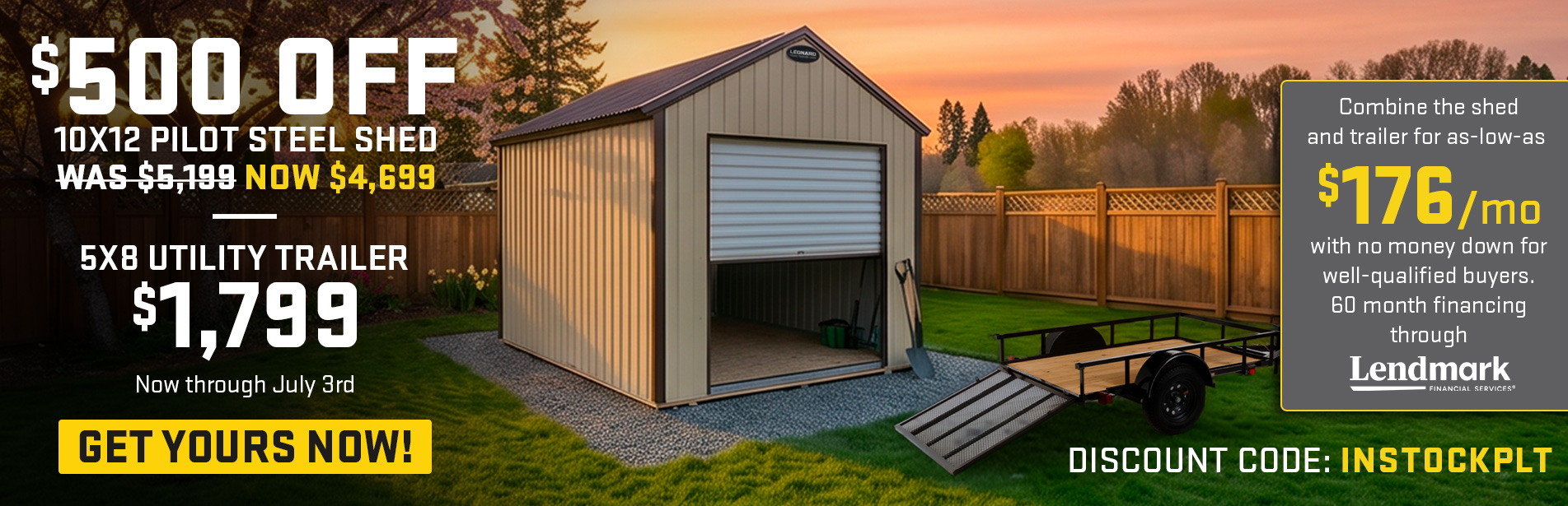 Promotional ad for storage shed with discount offers and pricing details.