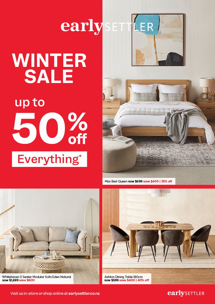 Winter sale advertisement featuring furniture with discounts up to 50% off.