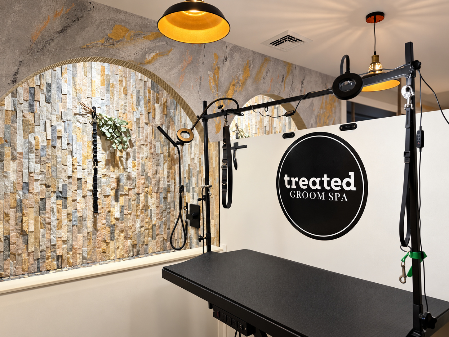 Treated Groom Spa interior with stone showers, grooming table, and salon logo