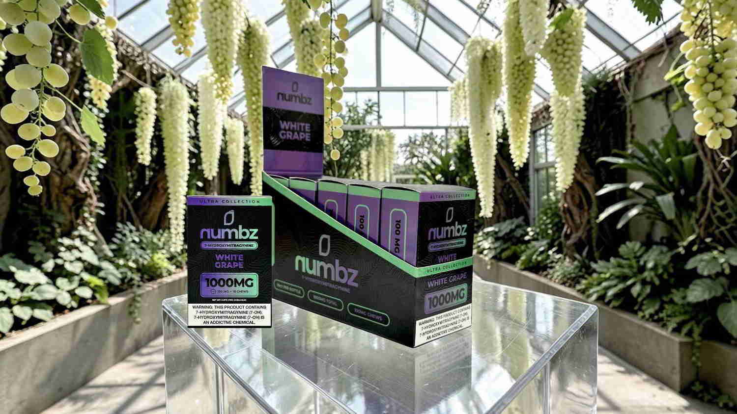 Boxes of a product displayed in a greenhouse with hanging plants.