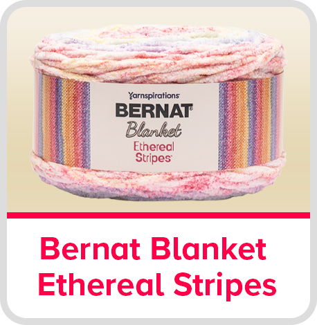 Bernat Blanket Ethereal Stripes yarn in pink and pastel colors.