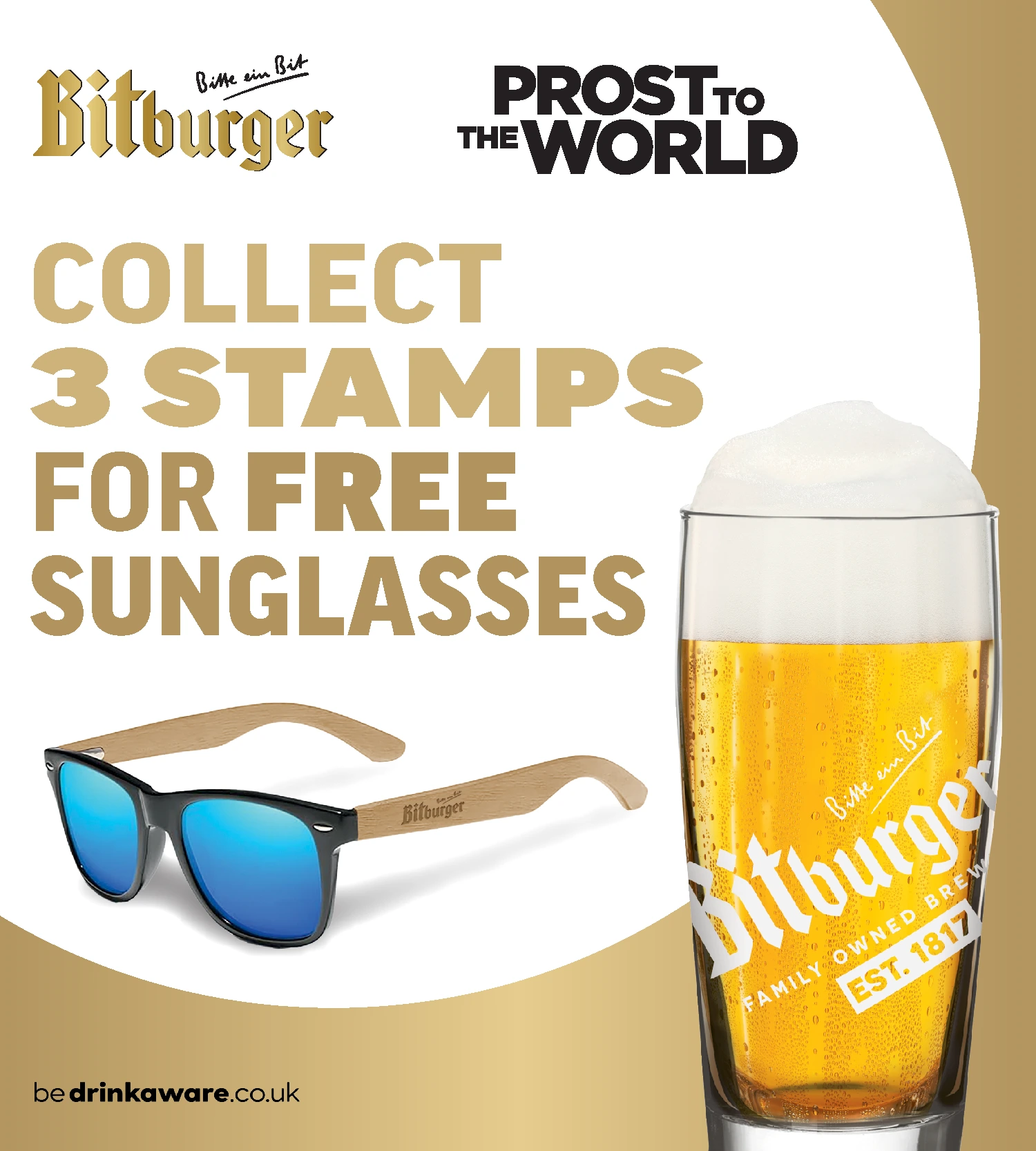 Advertisement for Bitburger beer promotion with sunglasses and a glass of beer.
