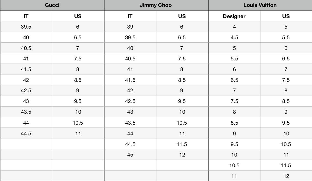 Designer Shoe Size Conversion Chart 