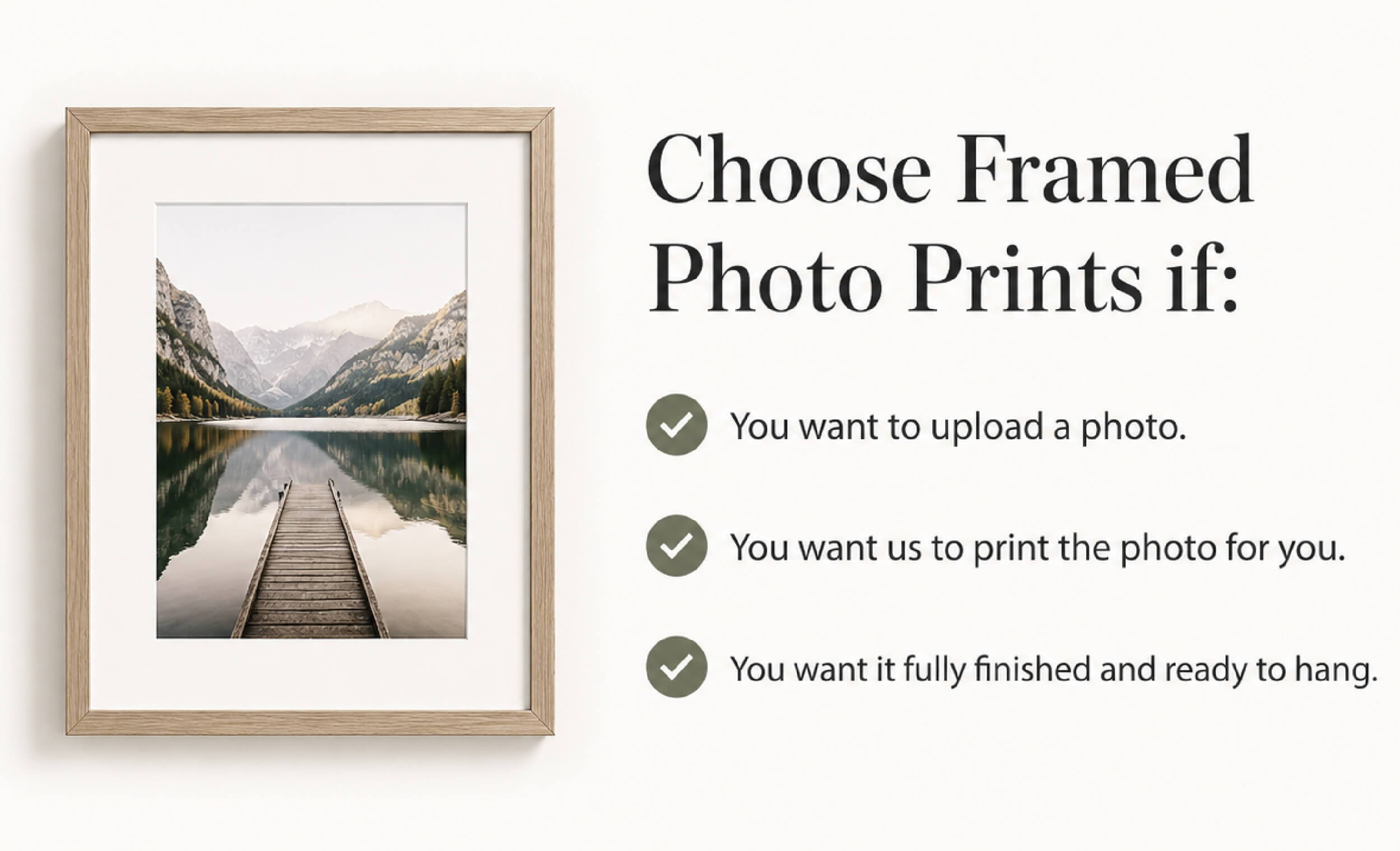 Framed photo print options with checklist for uploading and printing photos.