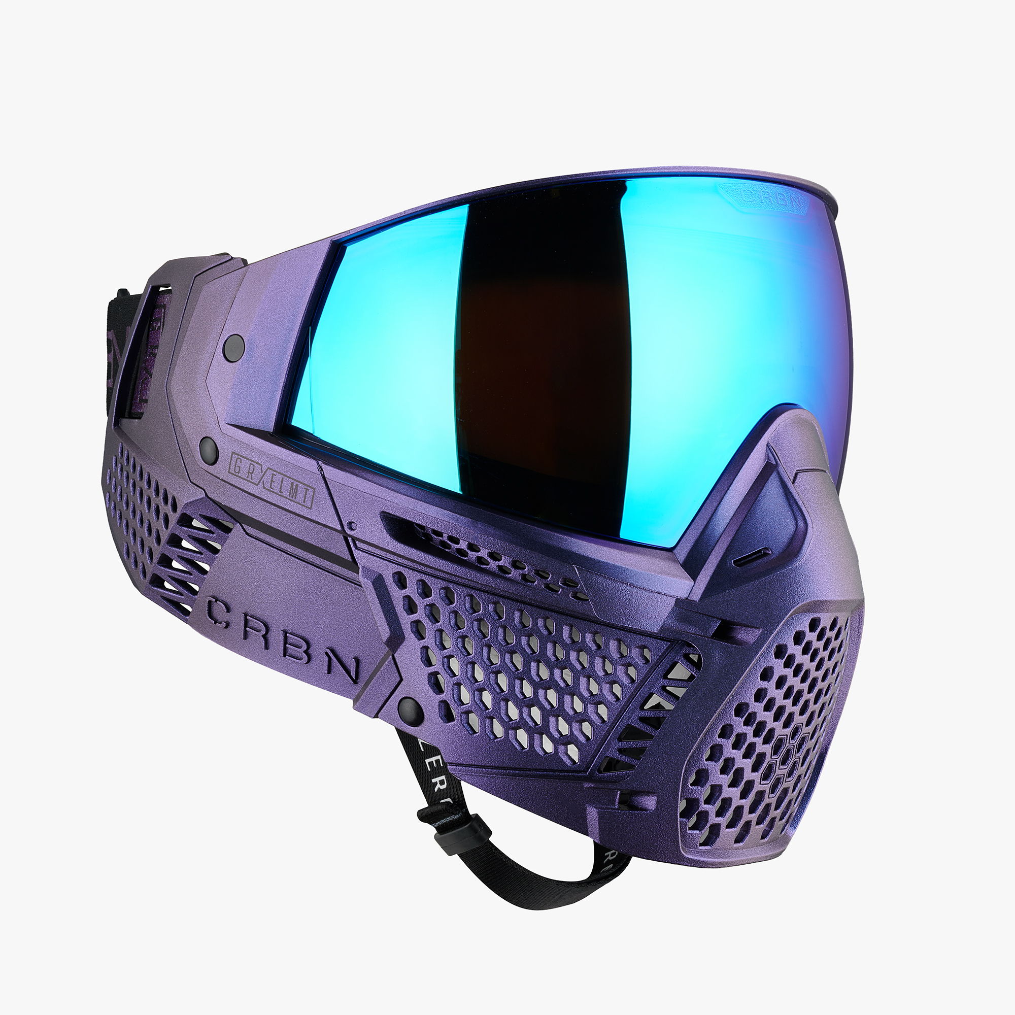 Paintball goggle with reflective blue lenses and a ventilated design.