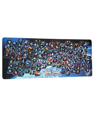 Colorful gaming mouse pad featuring various character icons in a hexagonal layout.