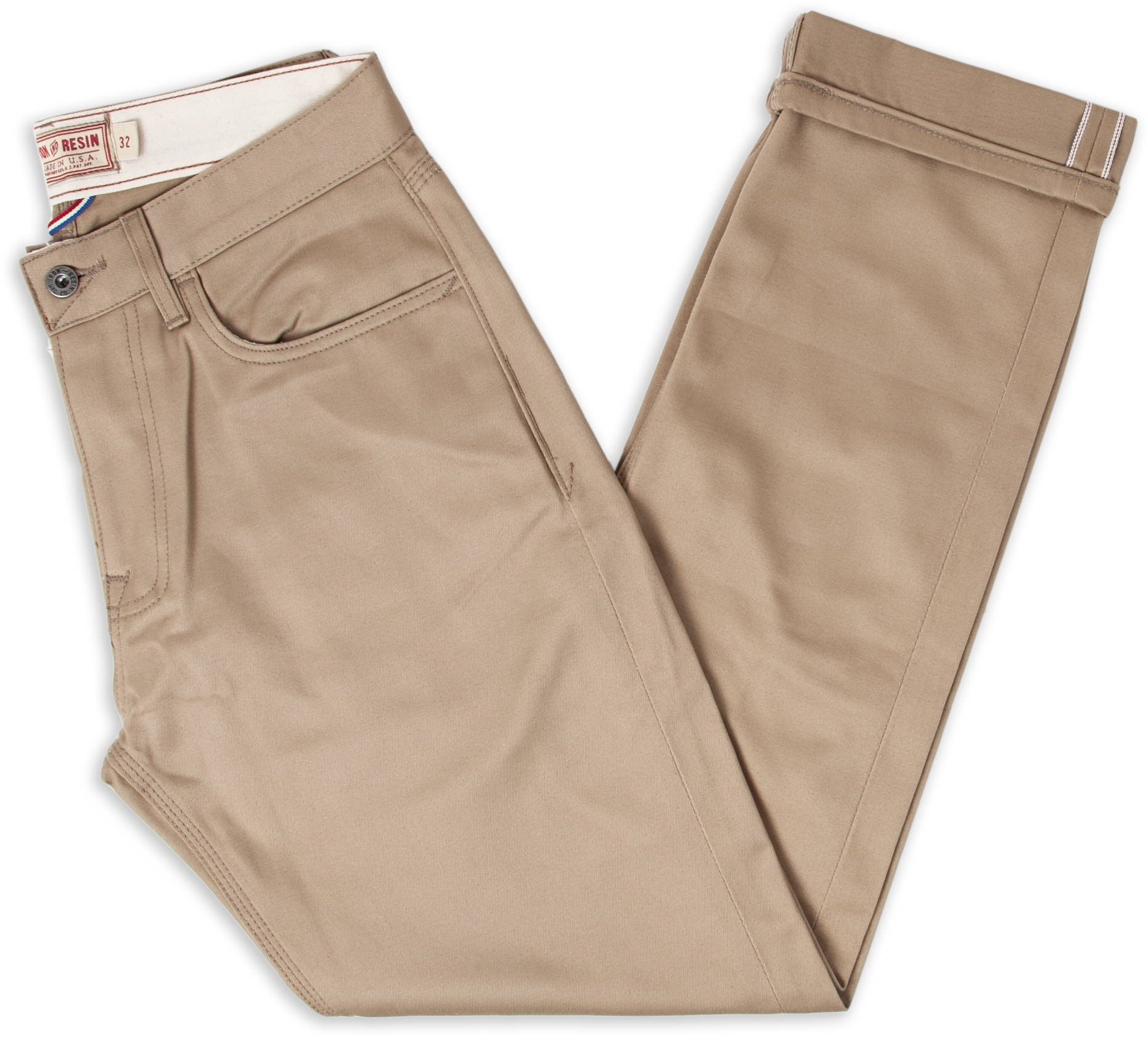 Iron & Resin Tradesman Pant in Tan Showing Selvedge Twill Details