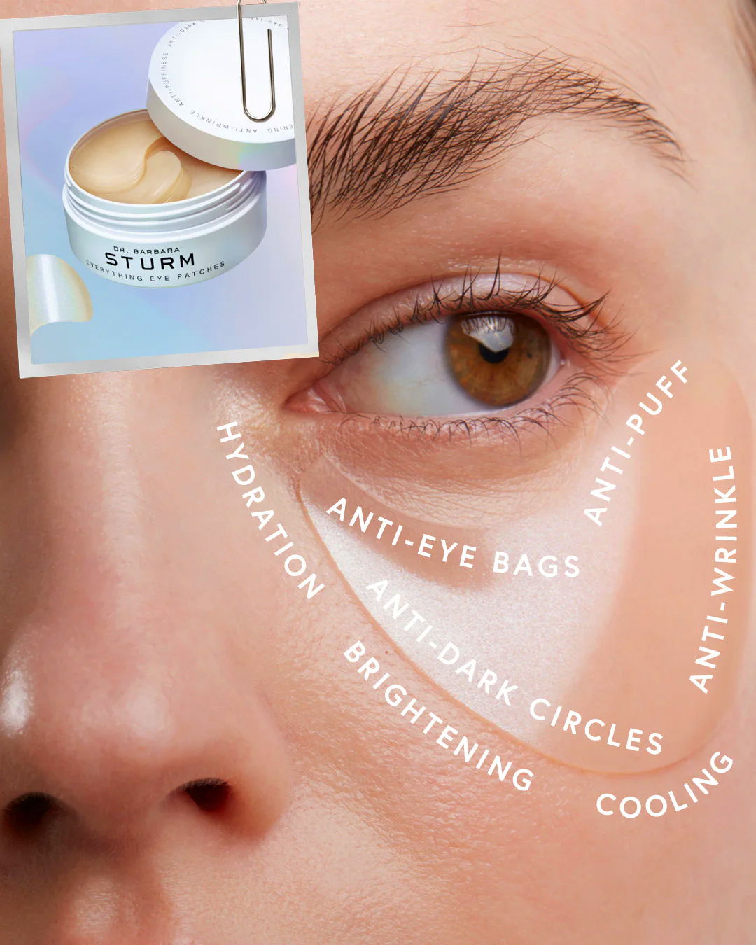 Skincare product advertisement highlighting benefits for the under-eye area.