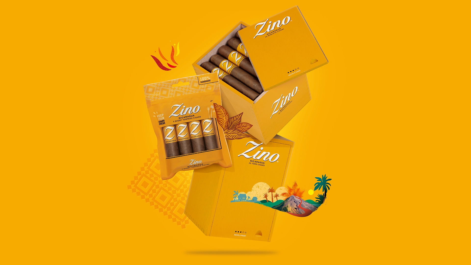 Die verschiedenen Verpackungsoptionen von Zino Nicaragua auf gelbem Hintergrund.