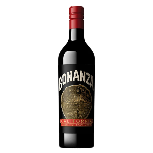 Bottle of Bonanza California red wine with distinctive label.