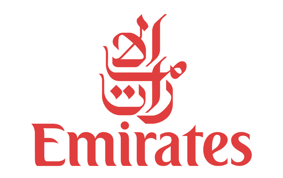 Emirates airline logo with Arabic and English text.