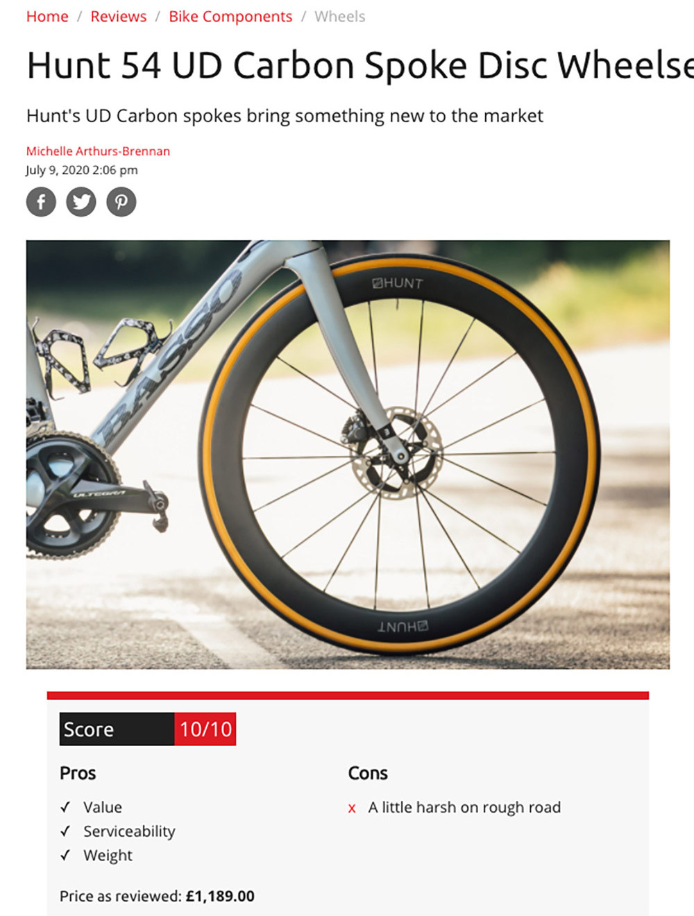 Cycling Weekly 10/10 review HUNT 54 UD Carbon Spoke