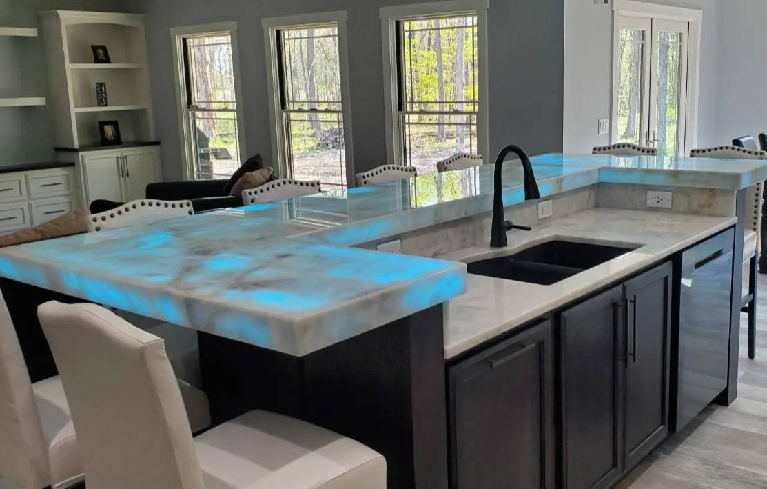 Backlit onyx kitchen countertop with rgb LED strip lights