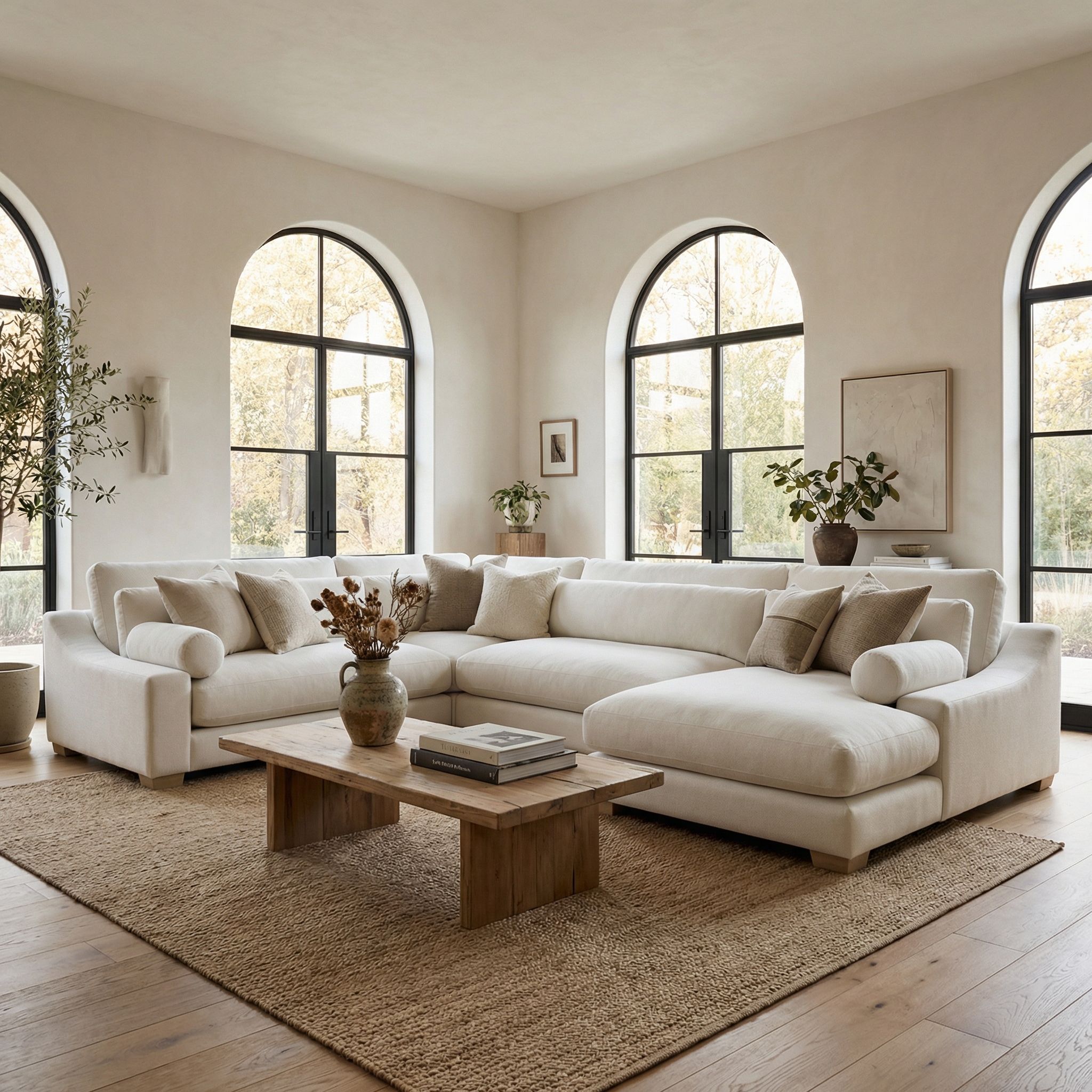 Modern living room with white sectional sofa, coffee table, and large windows.