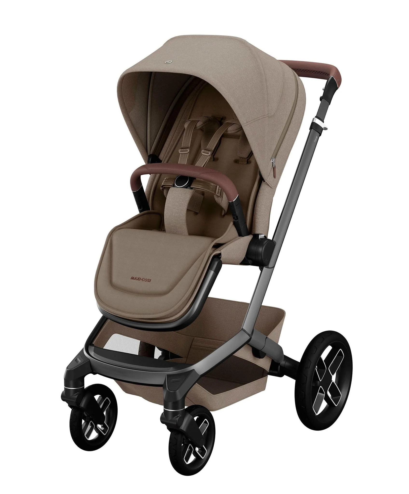 A modern baby stroller with a tan canopy and black wheels.