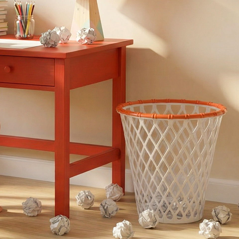 A red desk beside a white wastebasket with crumpled paper around it.