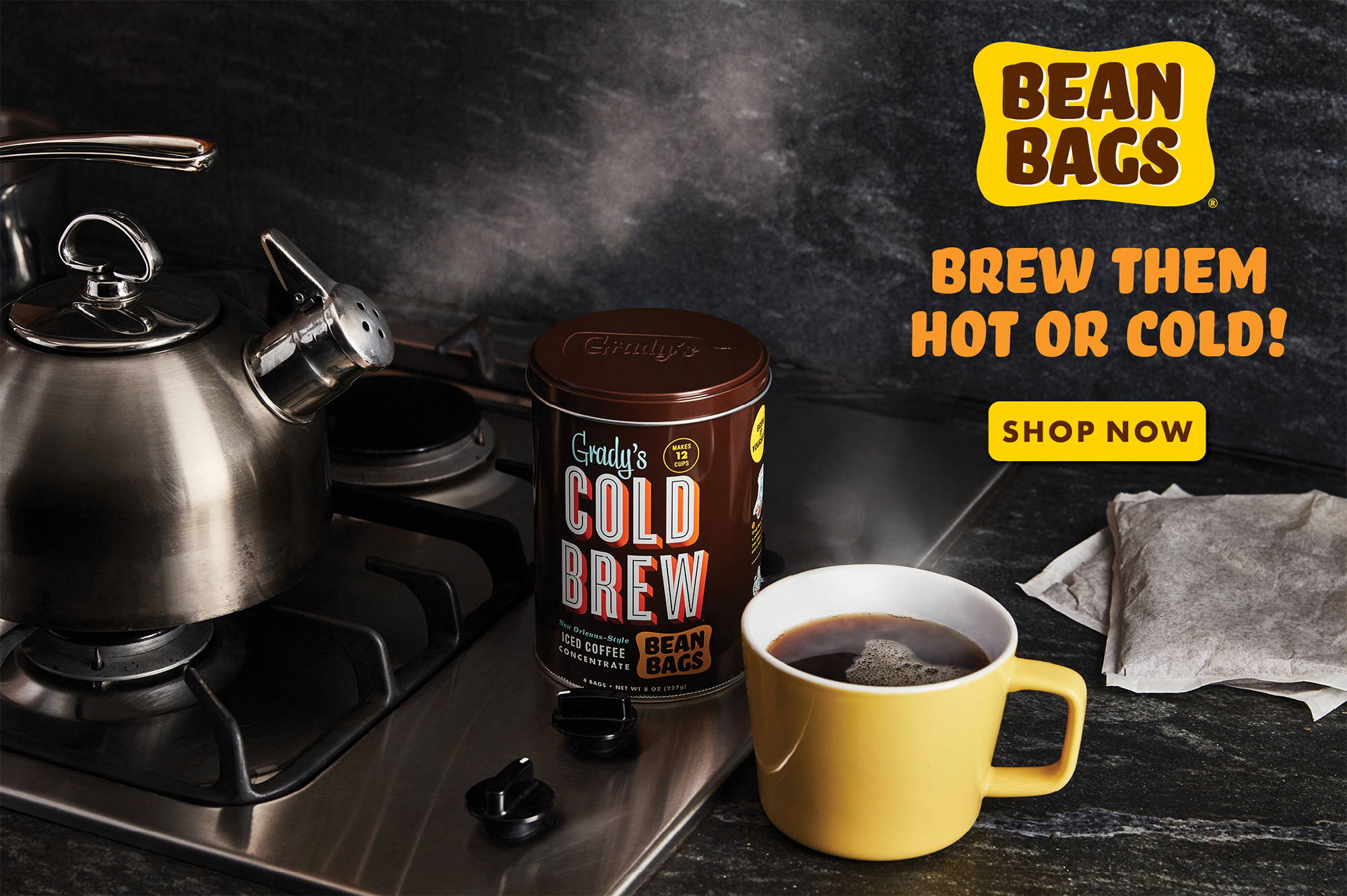 Grady's Bean Bags Brew Them Hot or Cold! Shop NOW! - Grady's Can on Stove Top with Steaming Cup and Bean Bags