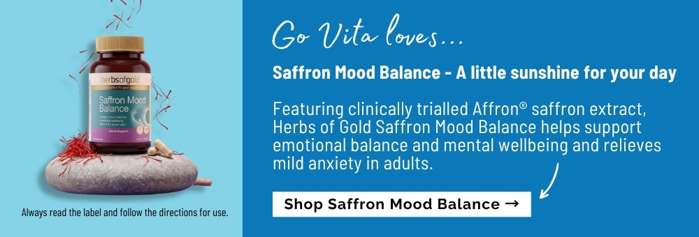 Saffron Mood Balancer supplement with a bottle and promotional text.