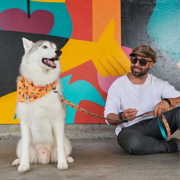 Person sitting with a dog in front of colorful mural.