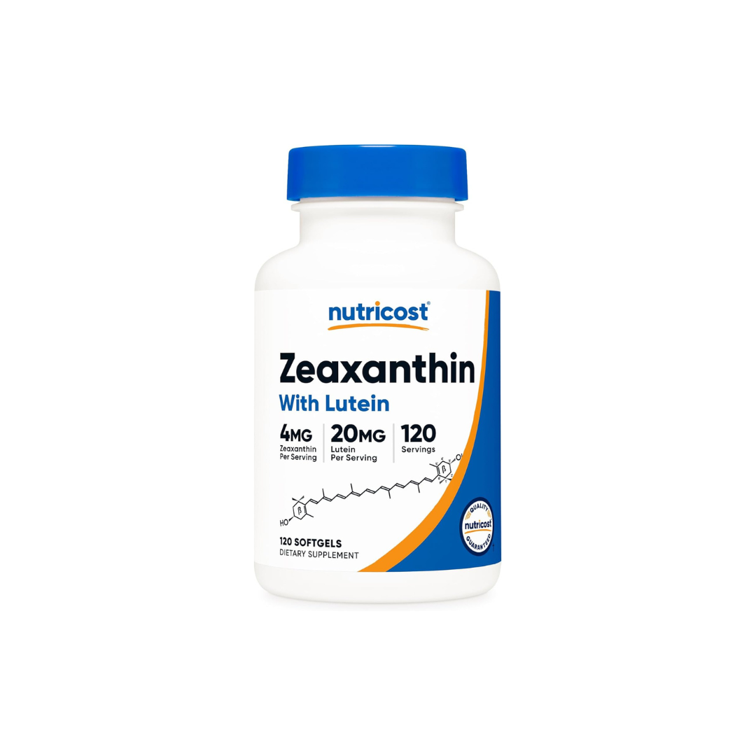 Bottle of Zeaxanthin with Lutein supplement, 120 capsules.