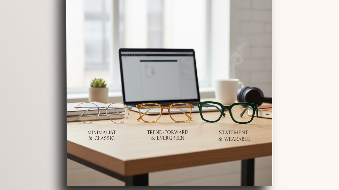 Minimalist and statement eyeglasses on computer desk featuring trend-forward and timeless frame styles