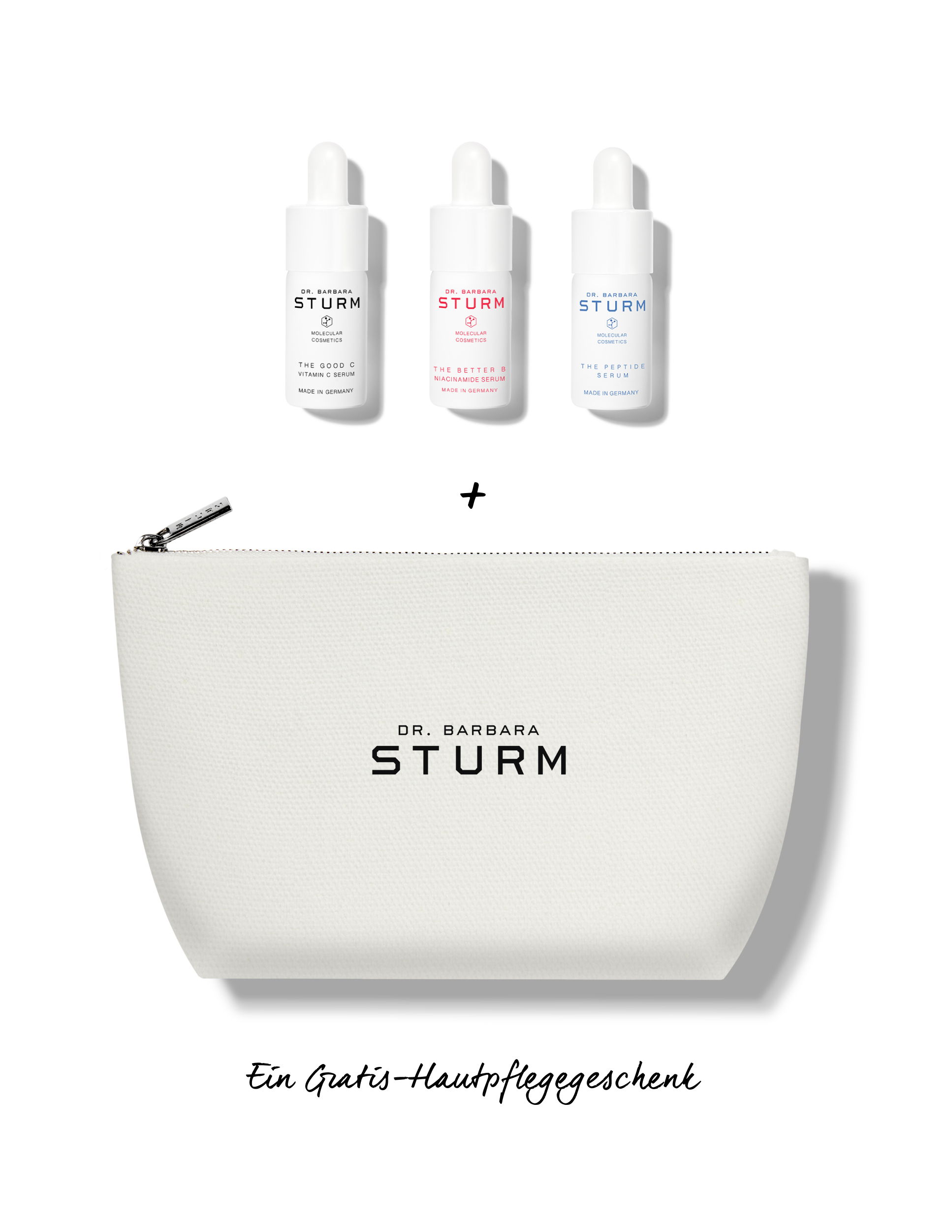 Three serum bottles and a cosmetic bag by Dr. Barbara Sturm.