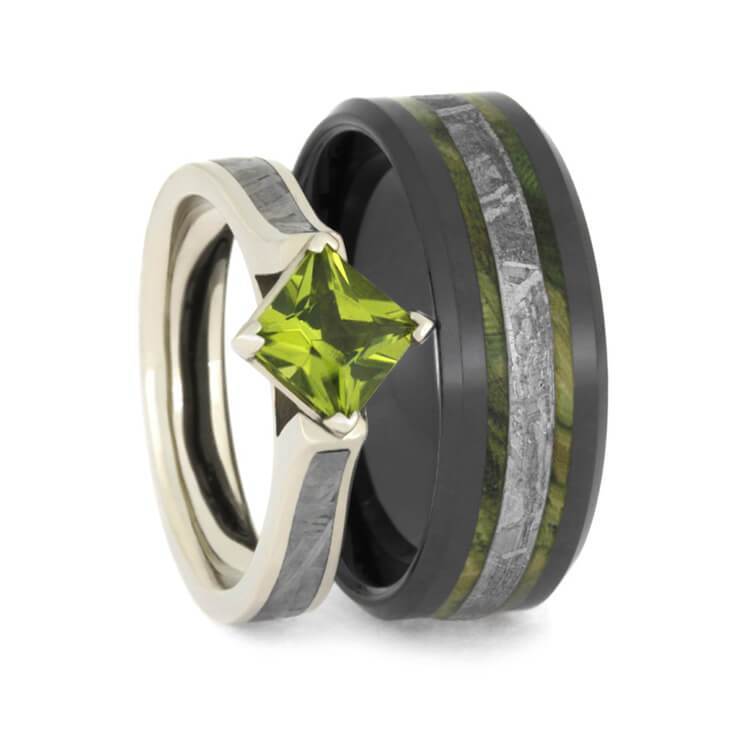 GREEN WEDDING RING SET WITH PERIDOT ENGAGEMENT RING AND METEORITE