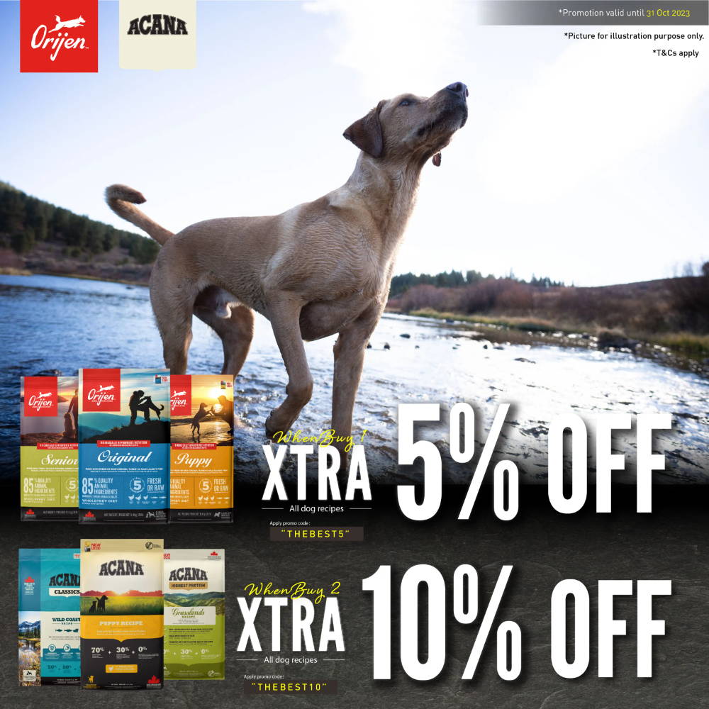 ORIJEN & ACANA Dog Food promotion with free 340g for every 11.4kg bag purchase.