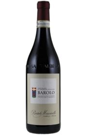Bottle of Barolo wine with a red label and white background.