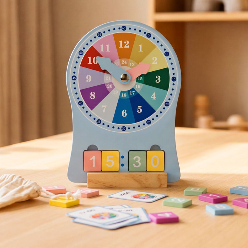 Colorful wooden clock toy with numbers and educational cards on a table.