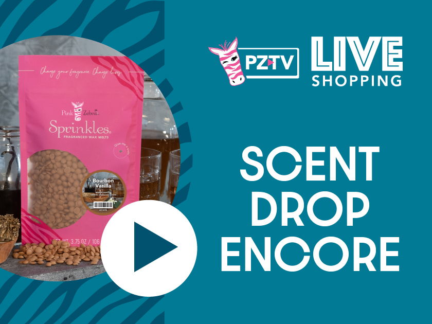 PZTV Live Shopping: Scent Drop Encore with product packaging and play button.