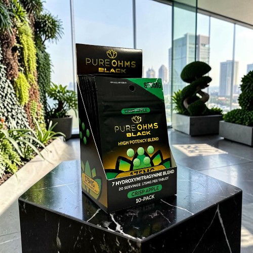 Display of Pure Ohm's product box in a modern interior setting.