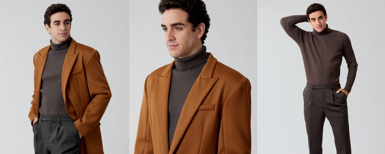 Man in stylish outfits posing against a neutral background.