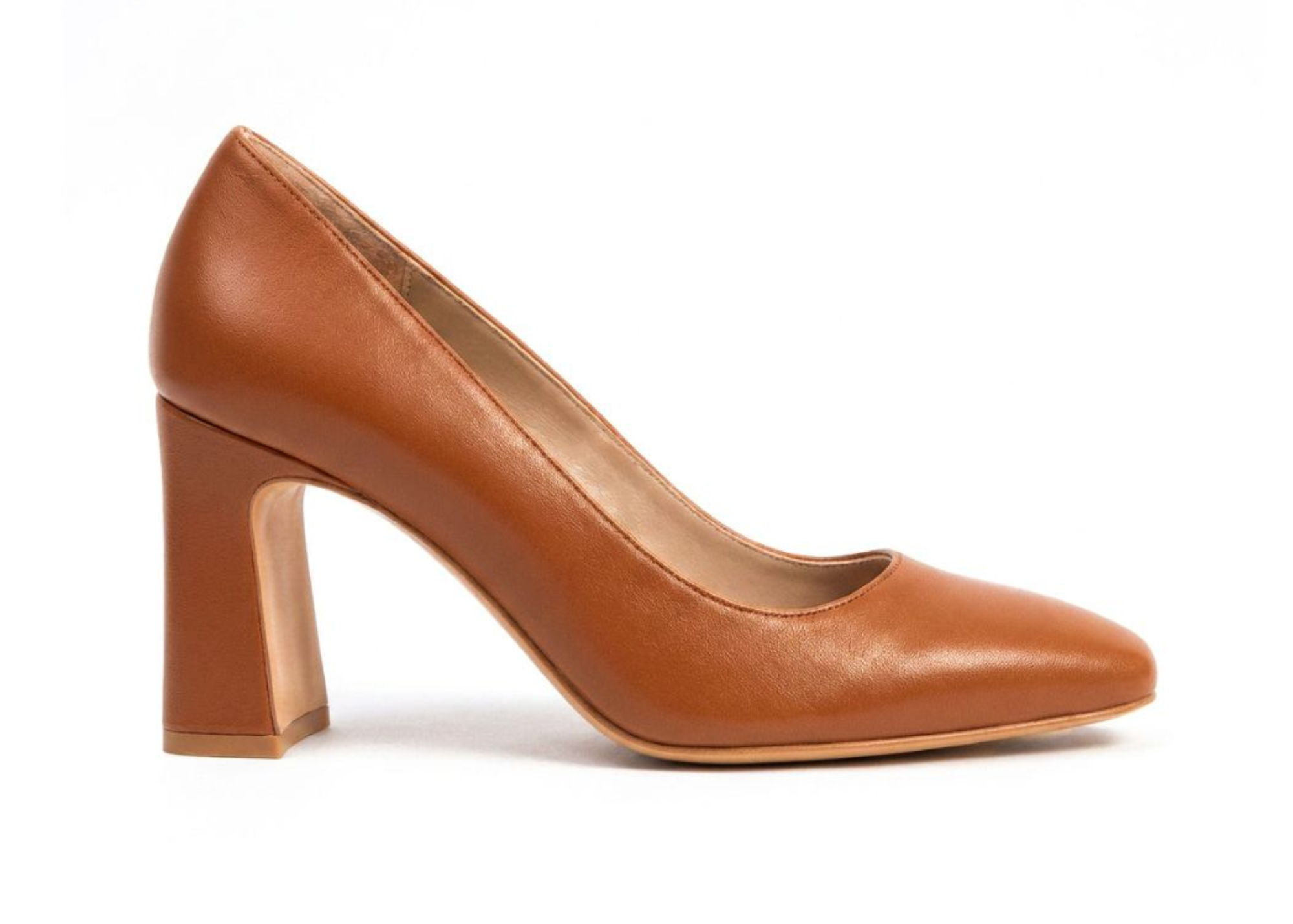 A brown high-heeled shoe with a square heel.
