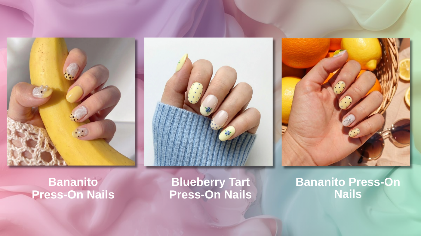Buttercream yellow and soft lemon pastel manicure using EyeCandys Bananito and Blueberry Tart press-on nails for bright cheerful nail aesthetic
