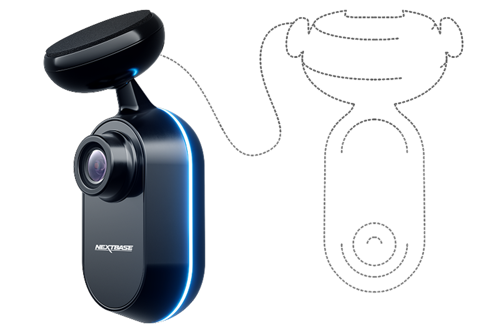 Dashboard camera with a detachable mount and connection cable illustration.