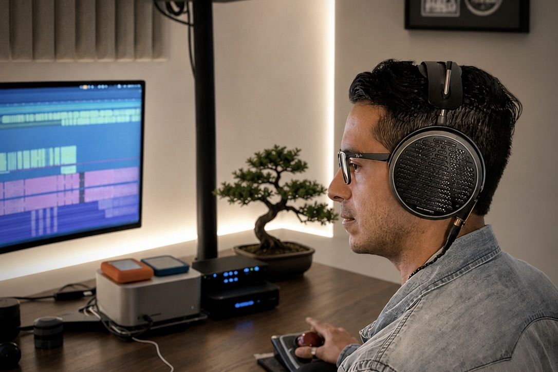 Andres Borda wearing headphones working on a computer with music software.