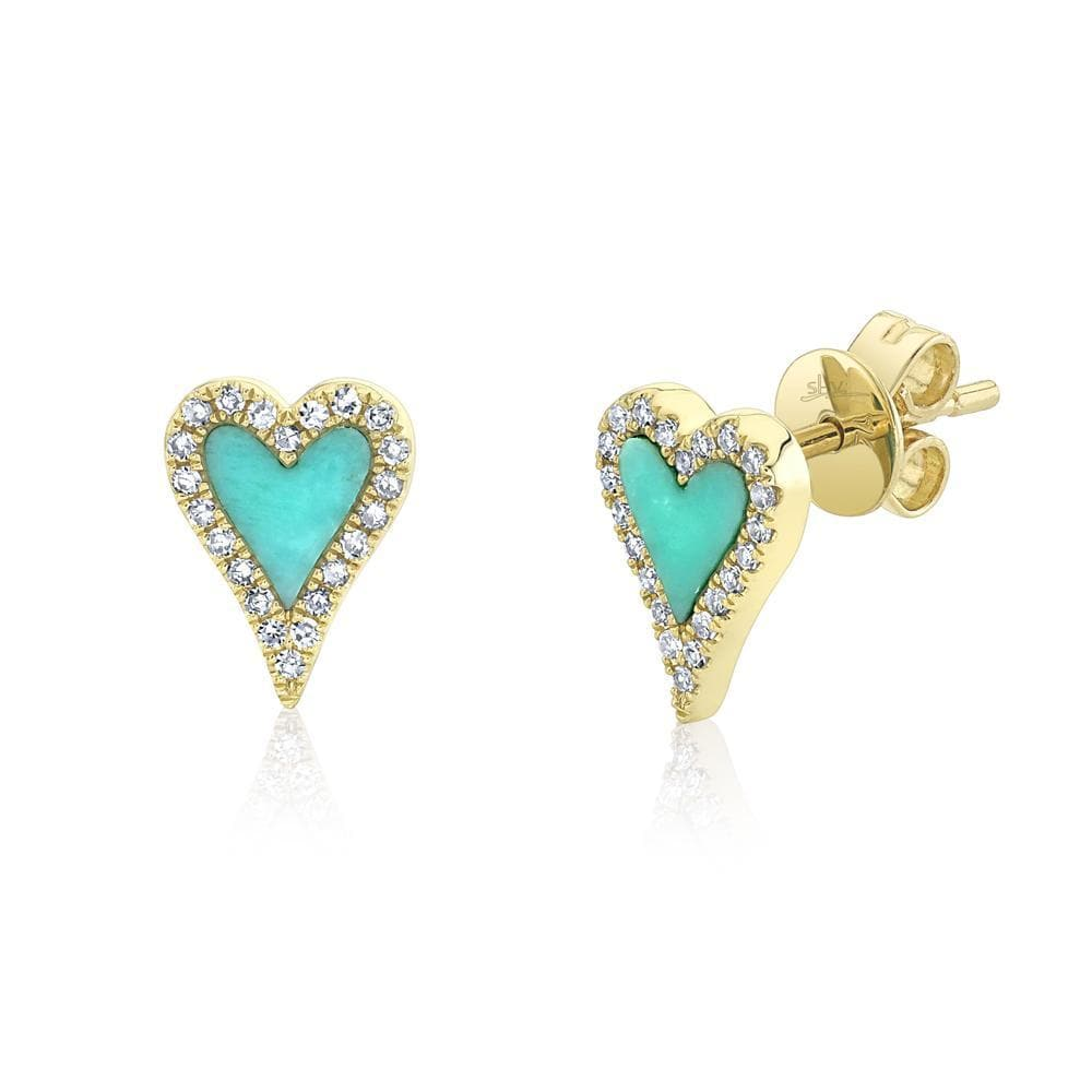 diamond and turquoise heart stud earrings in yellow gold by Sloane Street