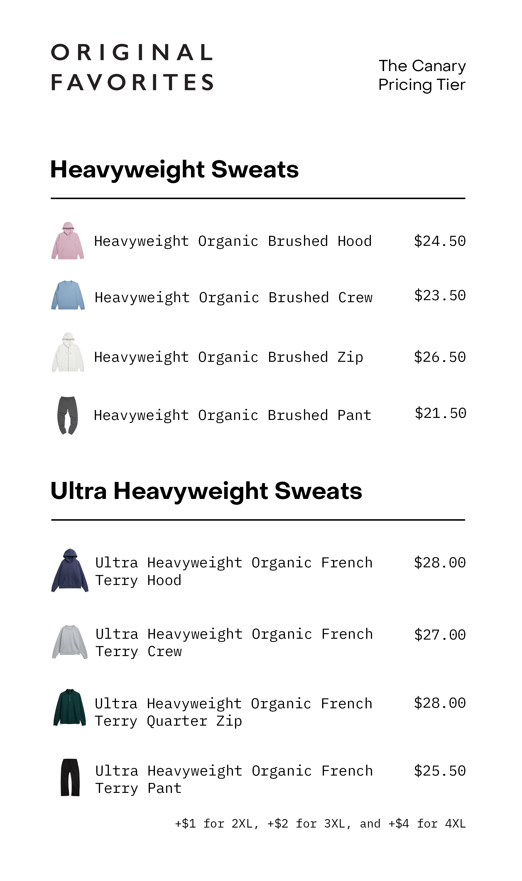 Pricing chart for heavyweight and ultra heavyweight sweats.